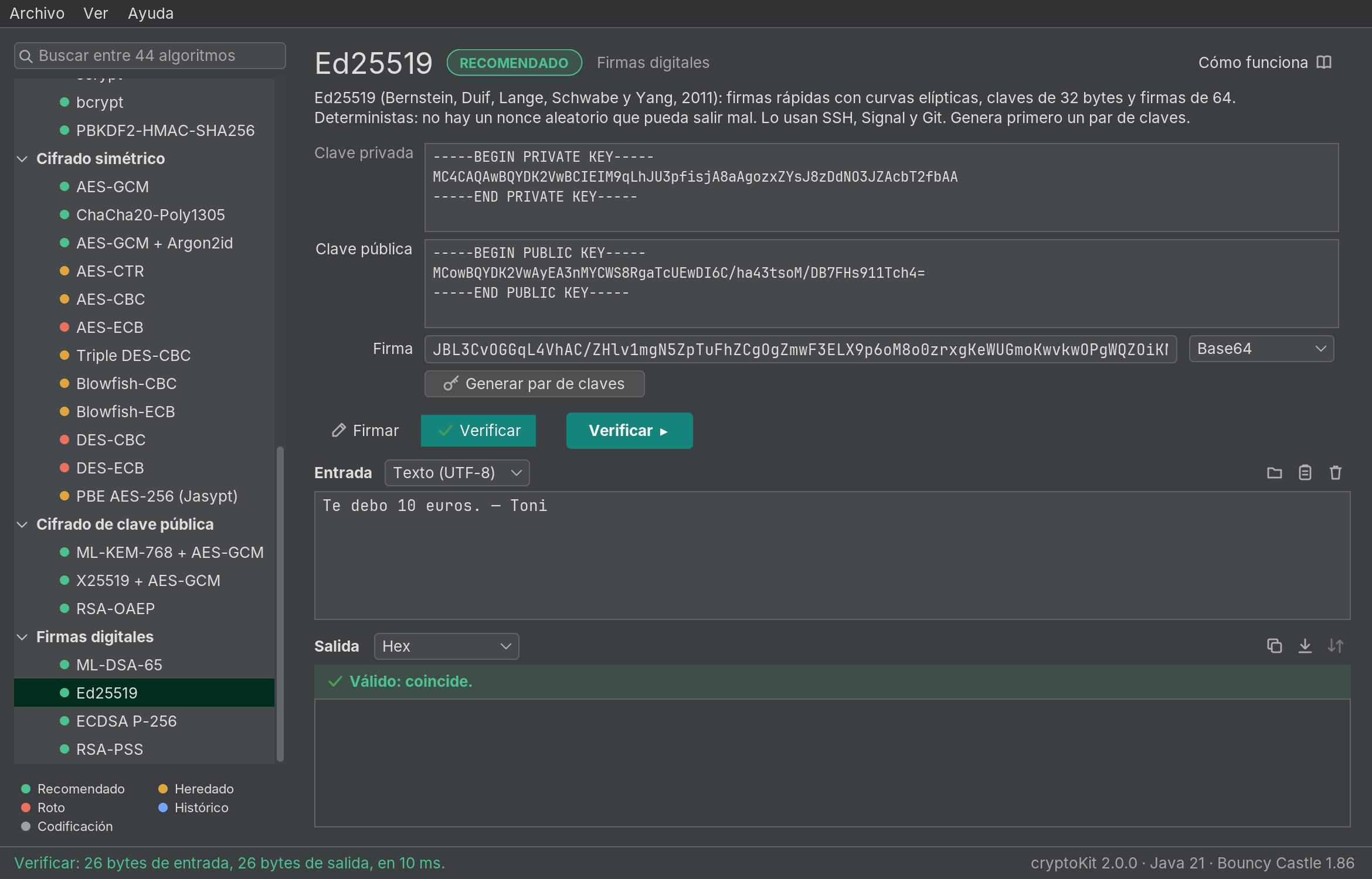 cryptoKit verificando una firma Ed25519: una franja verde indica que la firma es válida.